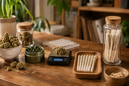 flower and pre rolls on table